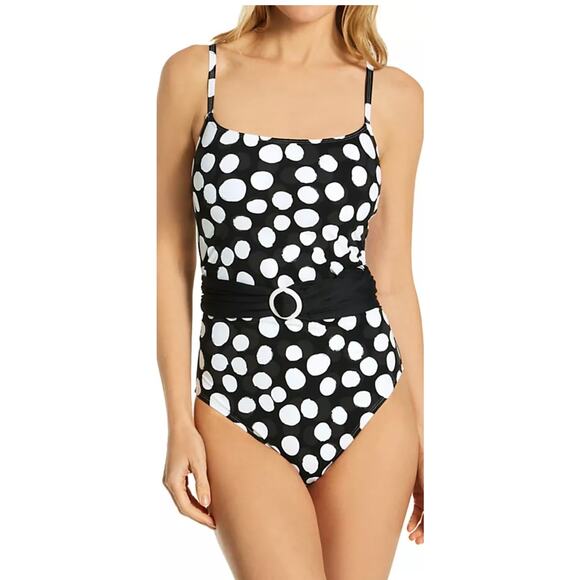 La Blanca Black White Mod for Dot Belted Mio One Piece Swim Suit 6 NWT - Picture 2 of 4